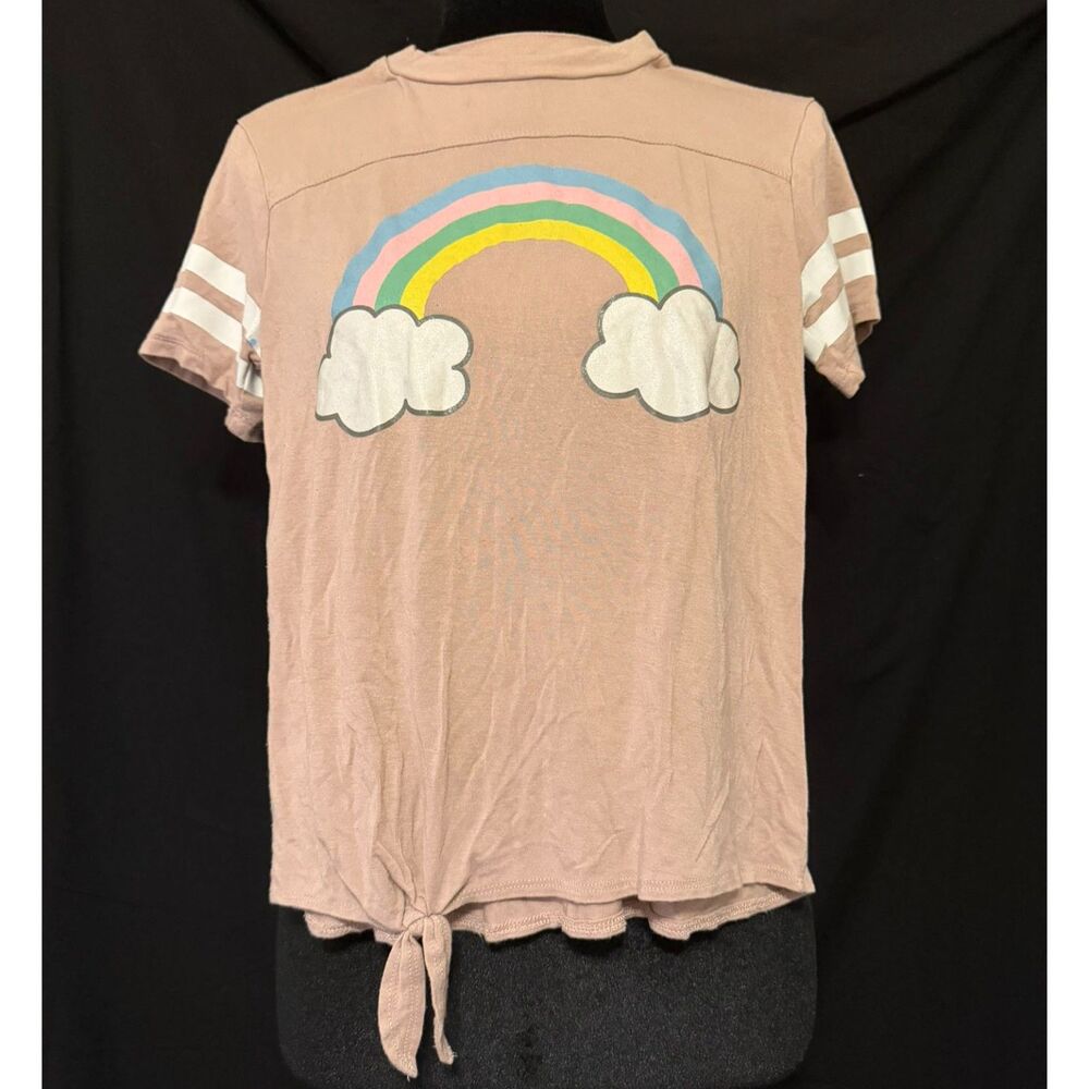 #149 - Girls Rainbow Tie-Front Shirt – Pink Graphic Tee - Medium